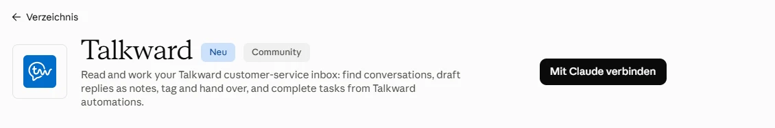 Talkward in Claude’s connector directory with the “Connect with Claude” button (German interface).