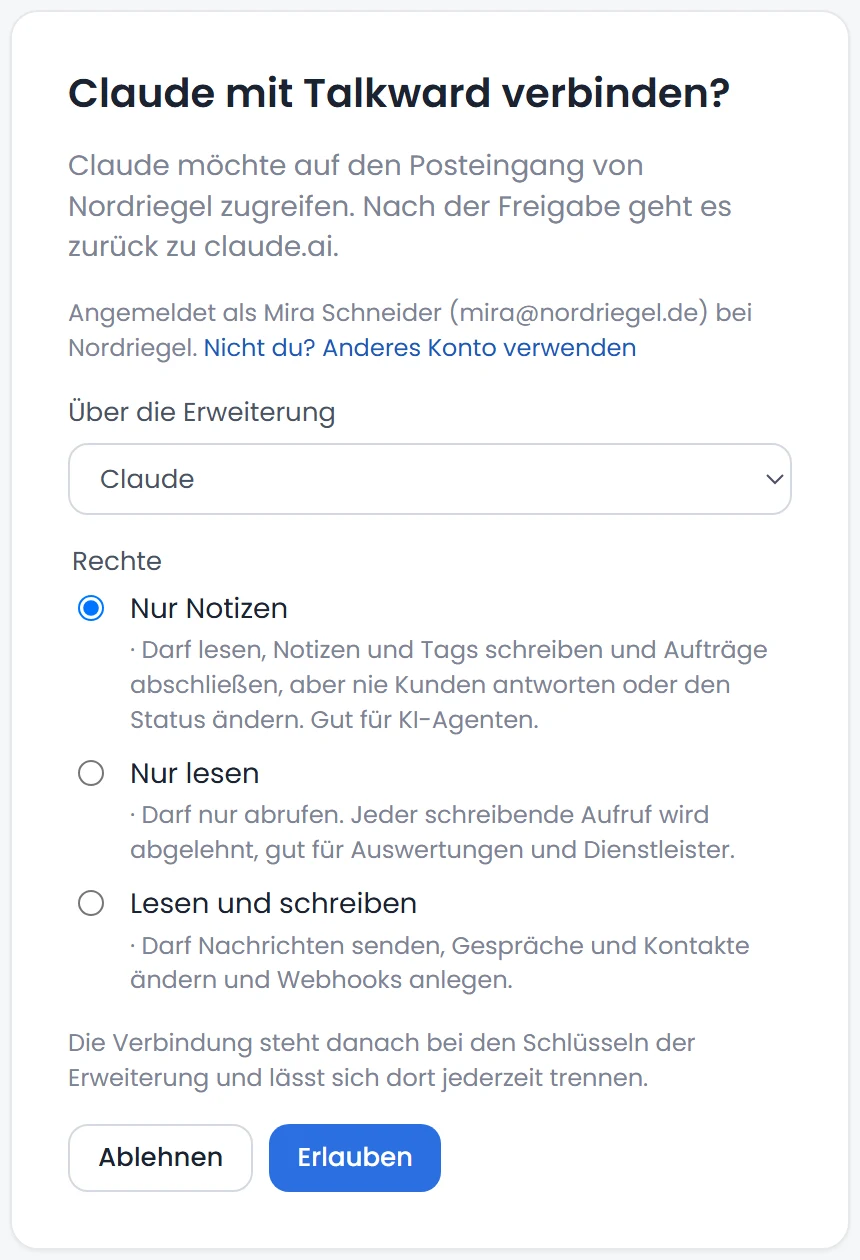 Talkward page “Connect Claude to Talkward?” with the signed-in account, add-on choice, the rights Notes only, Read only, Read and write and the Deny and Allow buttons (German interface).