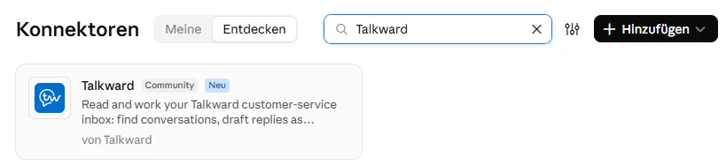 Claude, Settings › Connectors › Browse: searching for “Talkward” finds the Talkward connector (German interface).