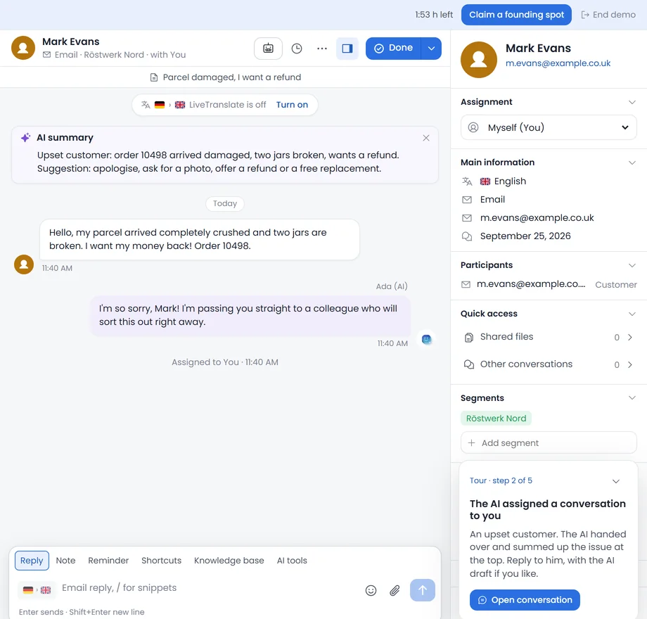 Talkward demo: the AI assigned you a conversation with an upset customer and summed it up at the top; the tour explains the next step at the bottom right.