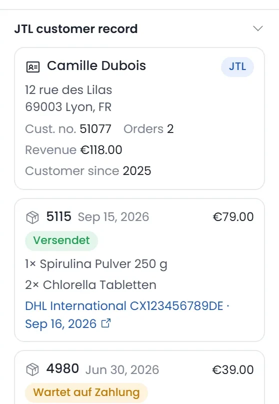 Customer record from JTL-Wawi in the Talkward inbox: address, customer number, revenue, two orders with status and DHL tracking number.