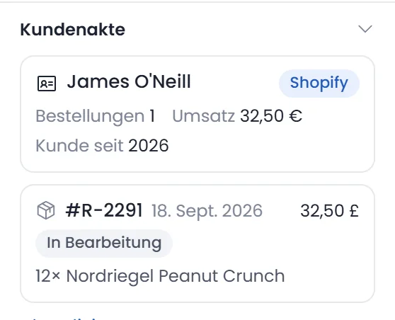 Kundenakte im Posteingang: Kunde, Umsatz und eine Bestellung mit Status aus dem Shopsystem.