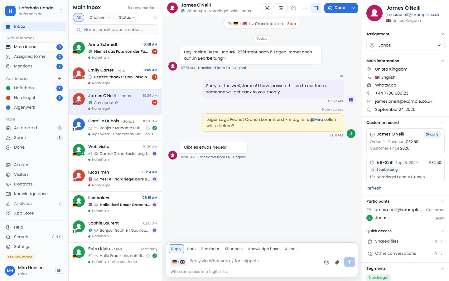Talkward inbox: a WhatsApp conversation, translated automatically, an internal team note and the customer record with order, status and revenue from the shop system.