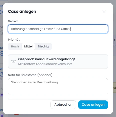 Dialog „Case anlegen“ mit Betreff, Priorität und angehängtem Verlauf