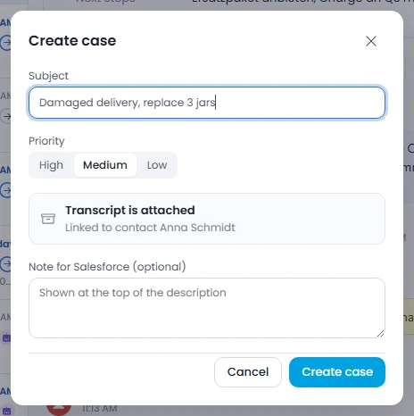 Dialog “Create case” with subject, priority and attached transcript