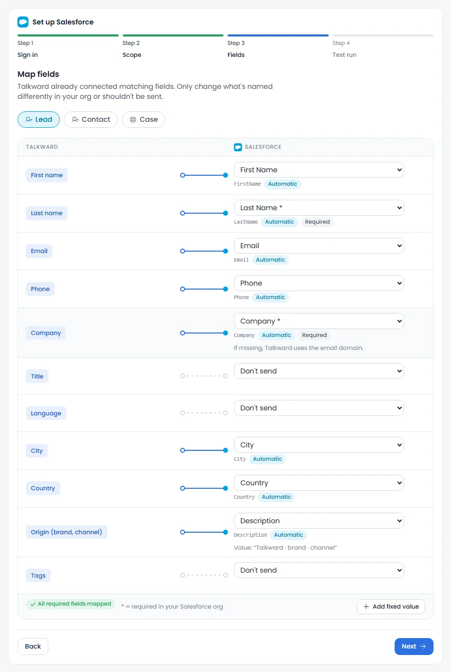 Field mapping from Talkward to Salesforce with required field check