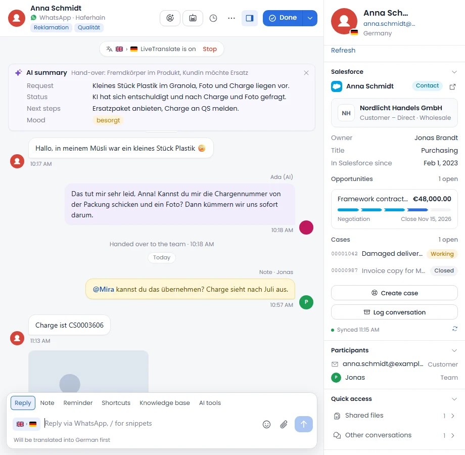 Talkward inbox with a WhatsApp conversation and the Salesforce card next to it