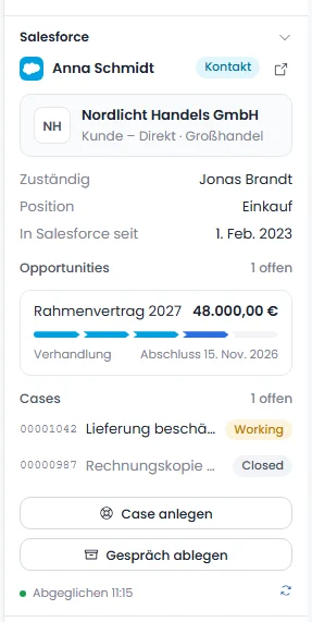 Salesforce-Karte in der Talkward-Kundenakte mit Kontakt, Account, Opportunity und Cases