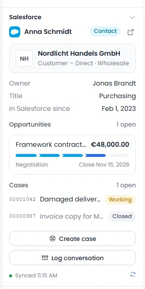 Salesforce card in the Talkward customer record with contact, account, opportunity and cases