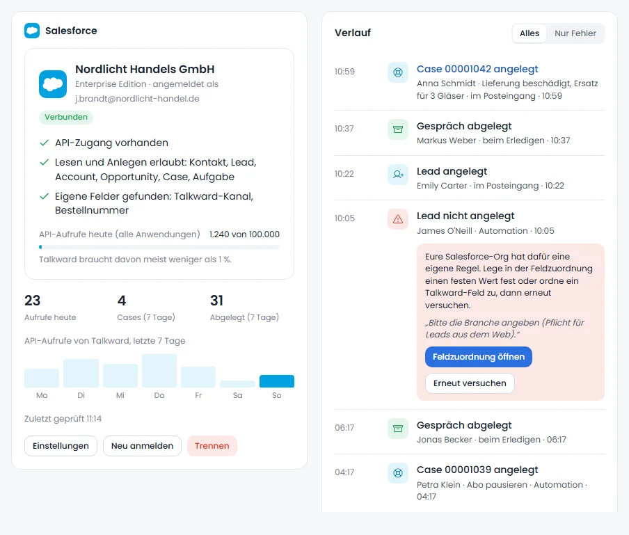 Verlauf der Salesforce-Erweiterung mit Kennzahlen und einem Fehler samt Lösungsweg
