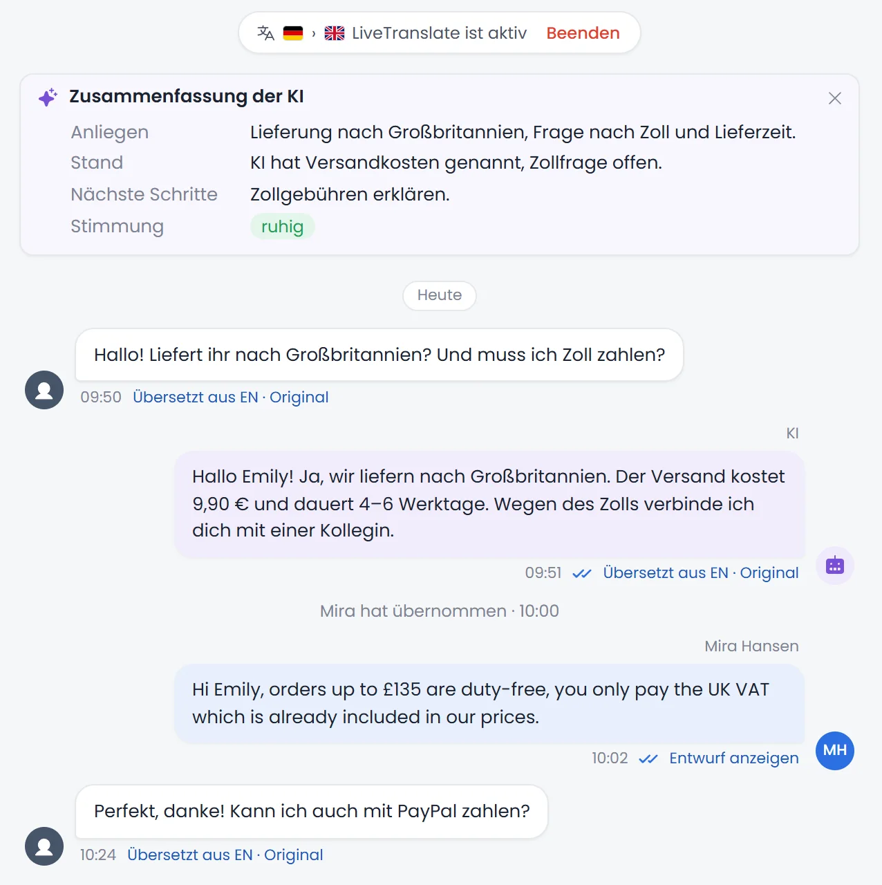 Gespräch im Posteingang: englische Kundennachrichten auf Deutsch übersetzt, darüber die Zusammenfassung der KI.