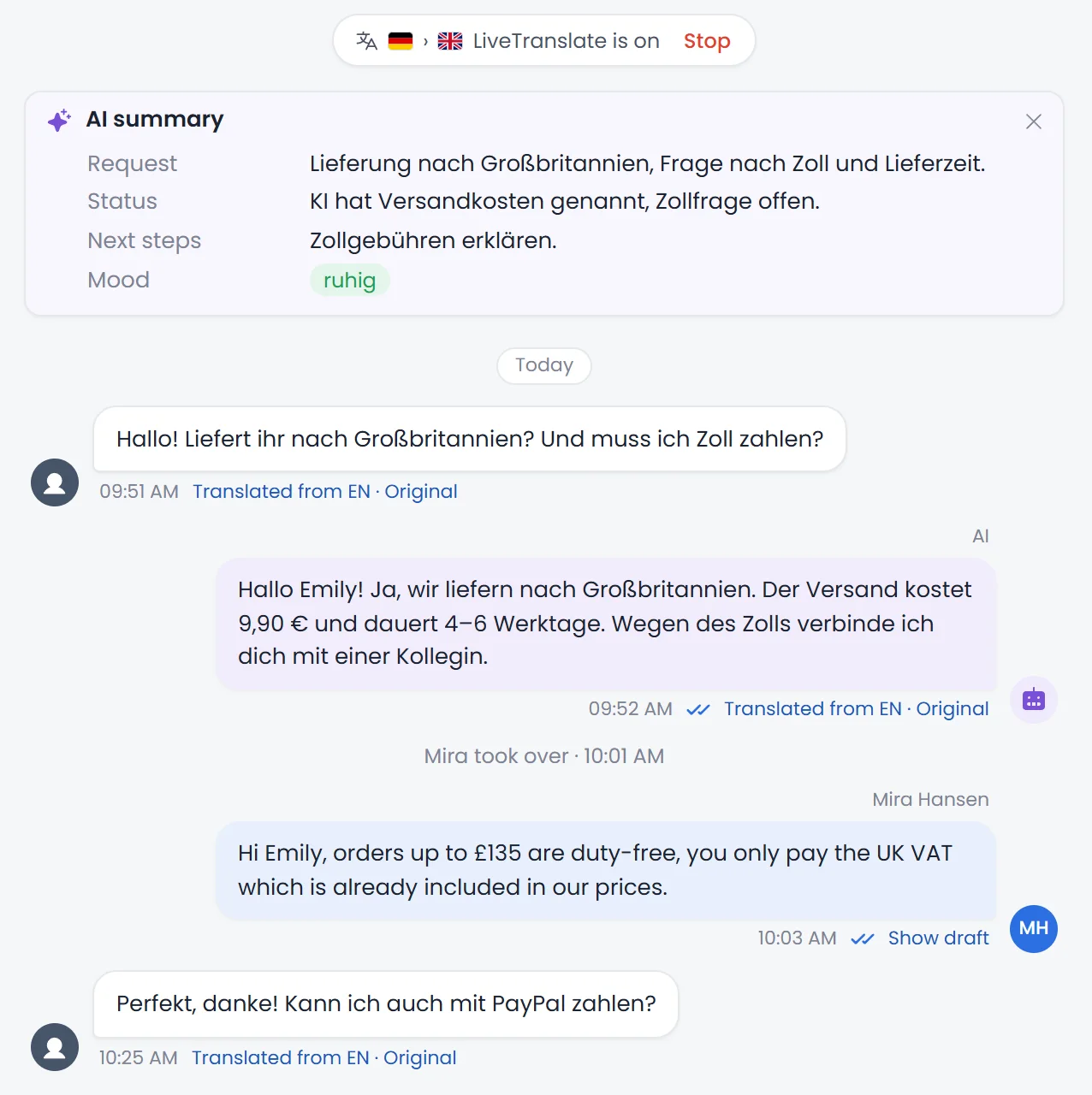 Conversation in the inbox: customer messages translated, above them the AI summary.